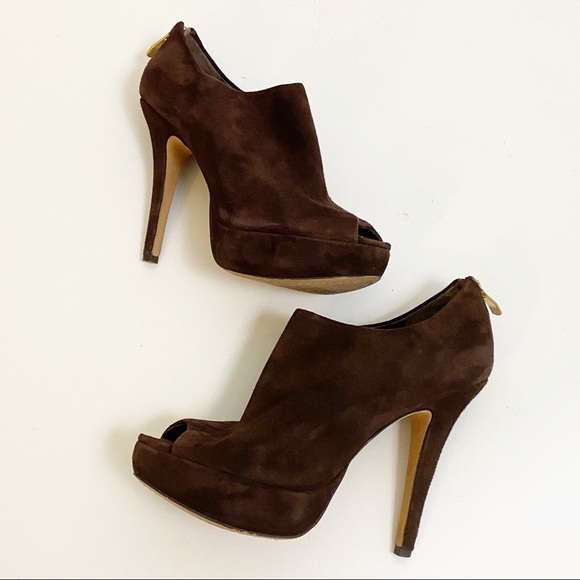 Vince Camuto Mac Brown Suede Peep Toe Bootie Heels - Picture 11 of 13